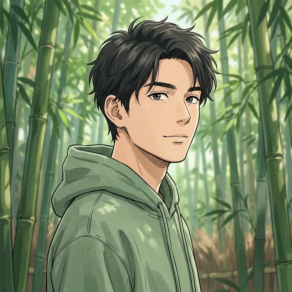 An adult man with sage hoodie in a bamboo garden
