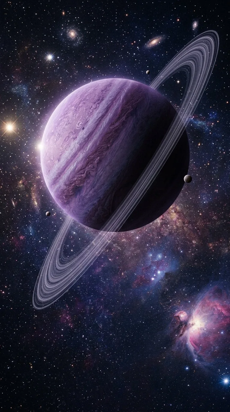 A purple planet surrounded by delicate rings.