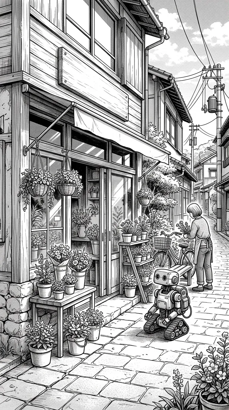 A small robot waiting beside a flower shop.