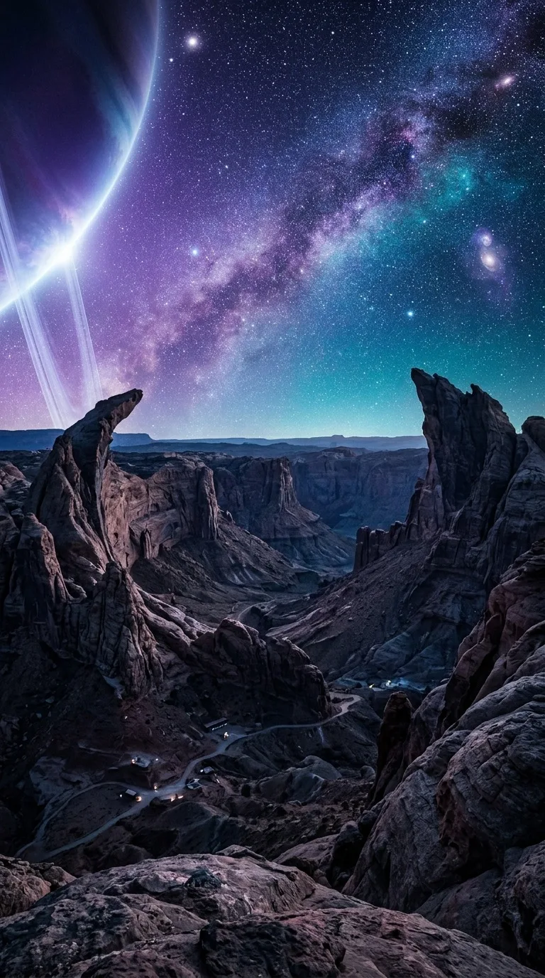 A star-filled sky above a crescent-shaped canyon.