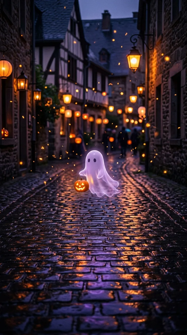 A lilac ghost carries a pumpkin lantern along a wet cobblestone street lined with warm hanging lights