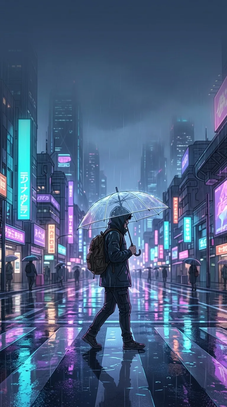 A lone adult traveler under a transparent umbrella crossing a rain-soaked futuristic street, violet and cyan reflections, tall buildings fading into mist