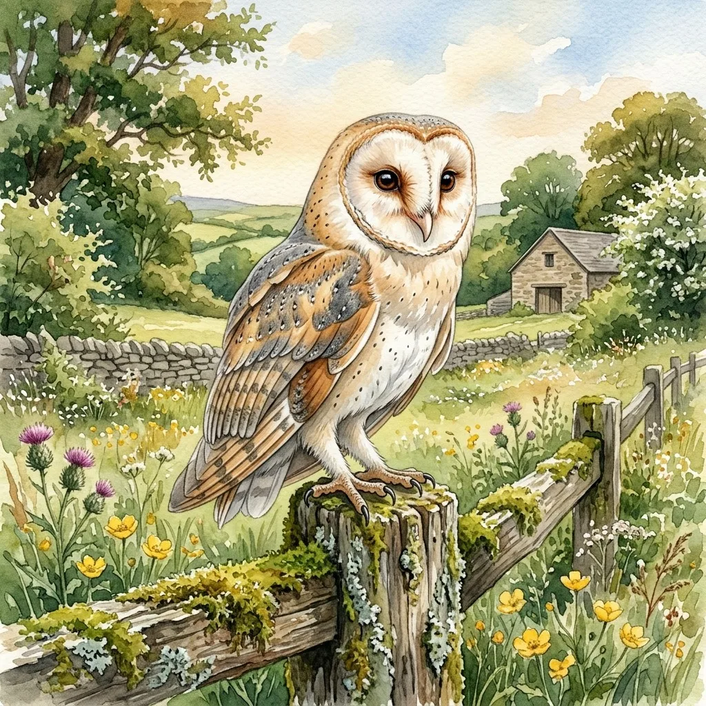 Barn owl on a mossy fence