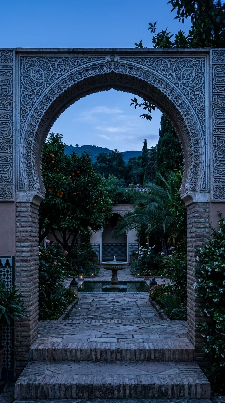A moorish horseshoe arch opening onto a peaceful garden.