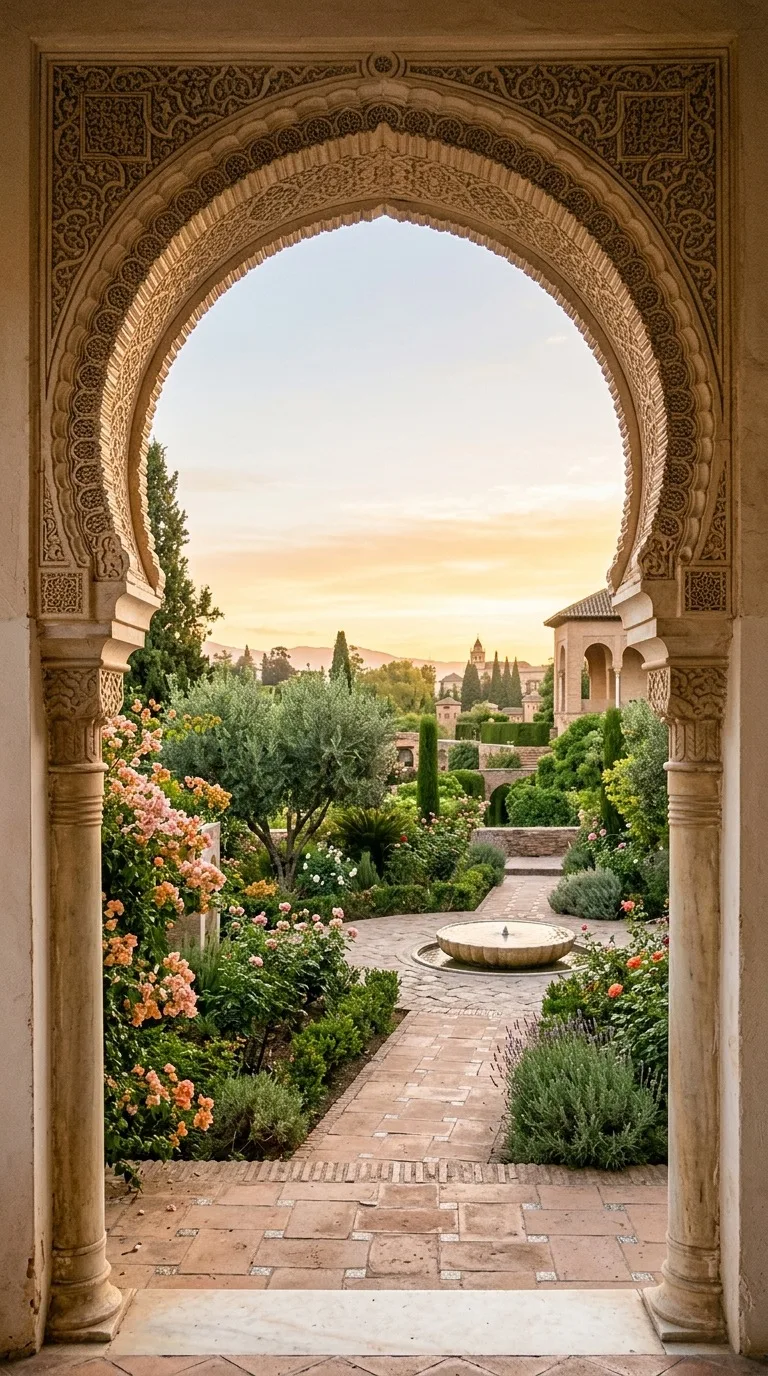 A moorish horseshoe arch opening onto a peaceful garden.