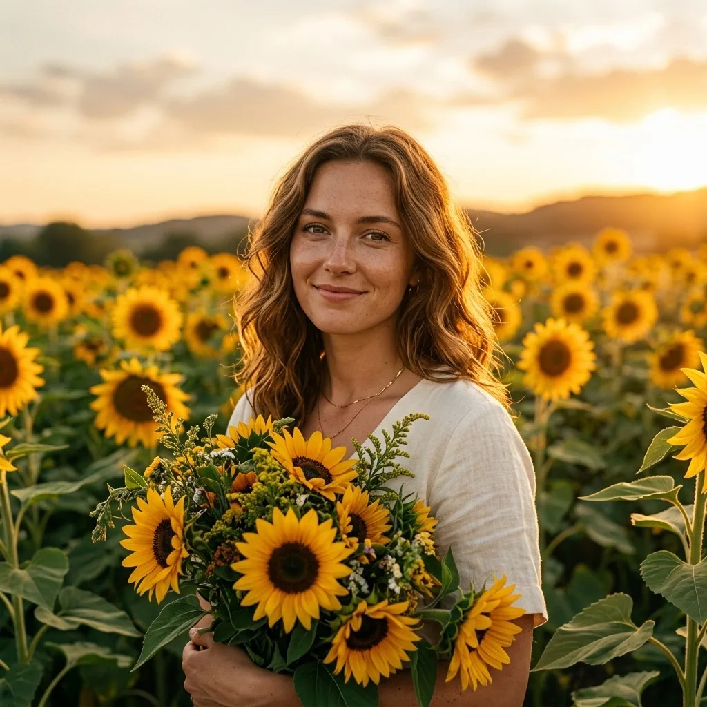 An adult woman with sunflower bouquet and golden sunset