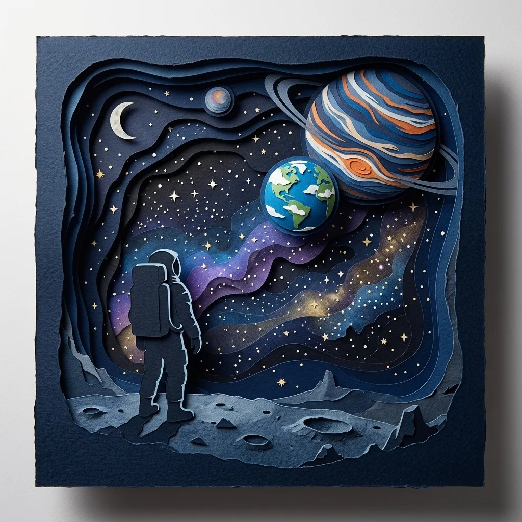 Astronaut silhouette standing beneath distant planets