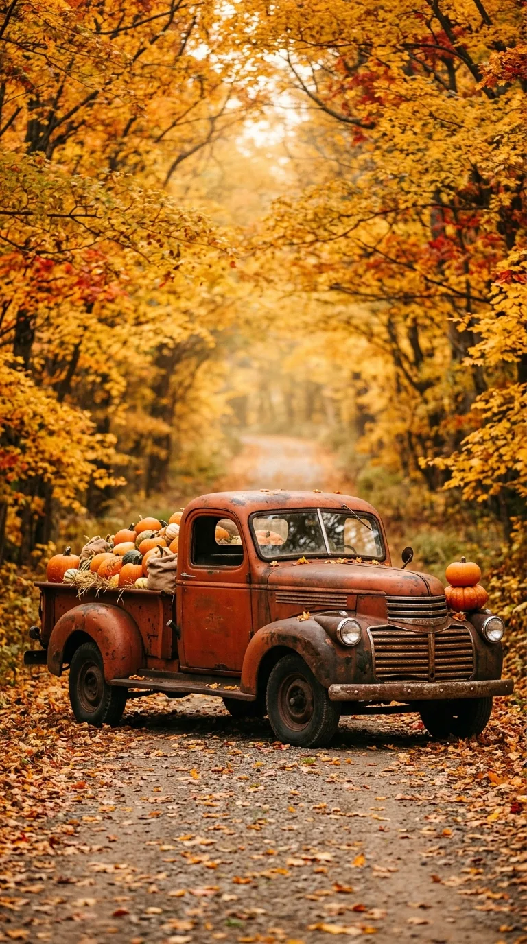 A weathered orange pickup filled with pumpkins rests on an autumn lane beneath golden trees