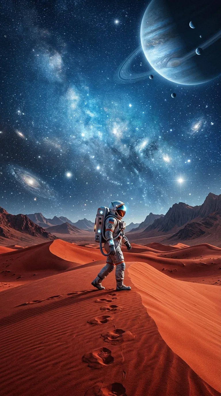 An astronaut walking across a red sand dune.