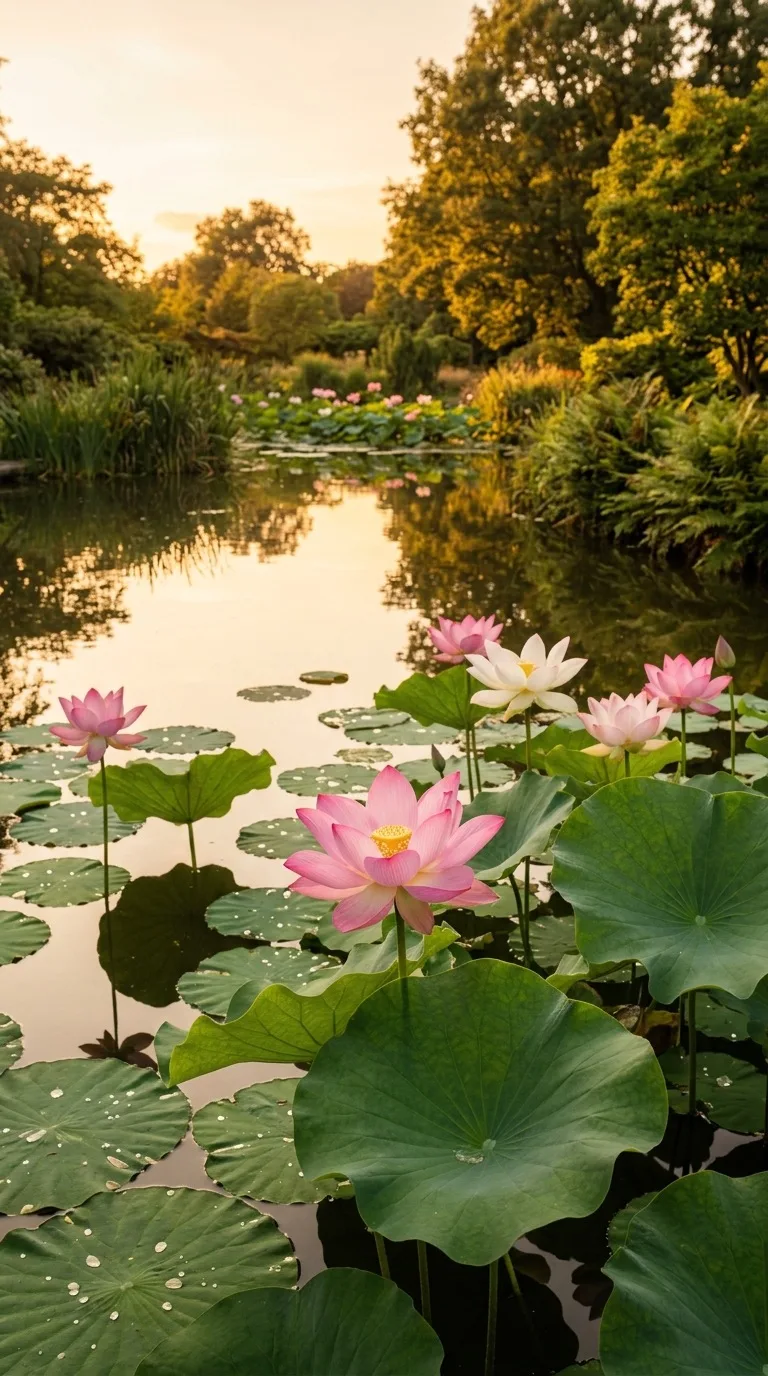 Lotus flowers on a still garden pond.