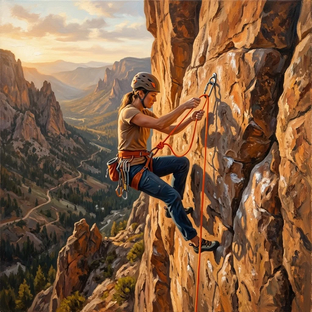 Climber securing a bright rope on a rock wall