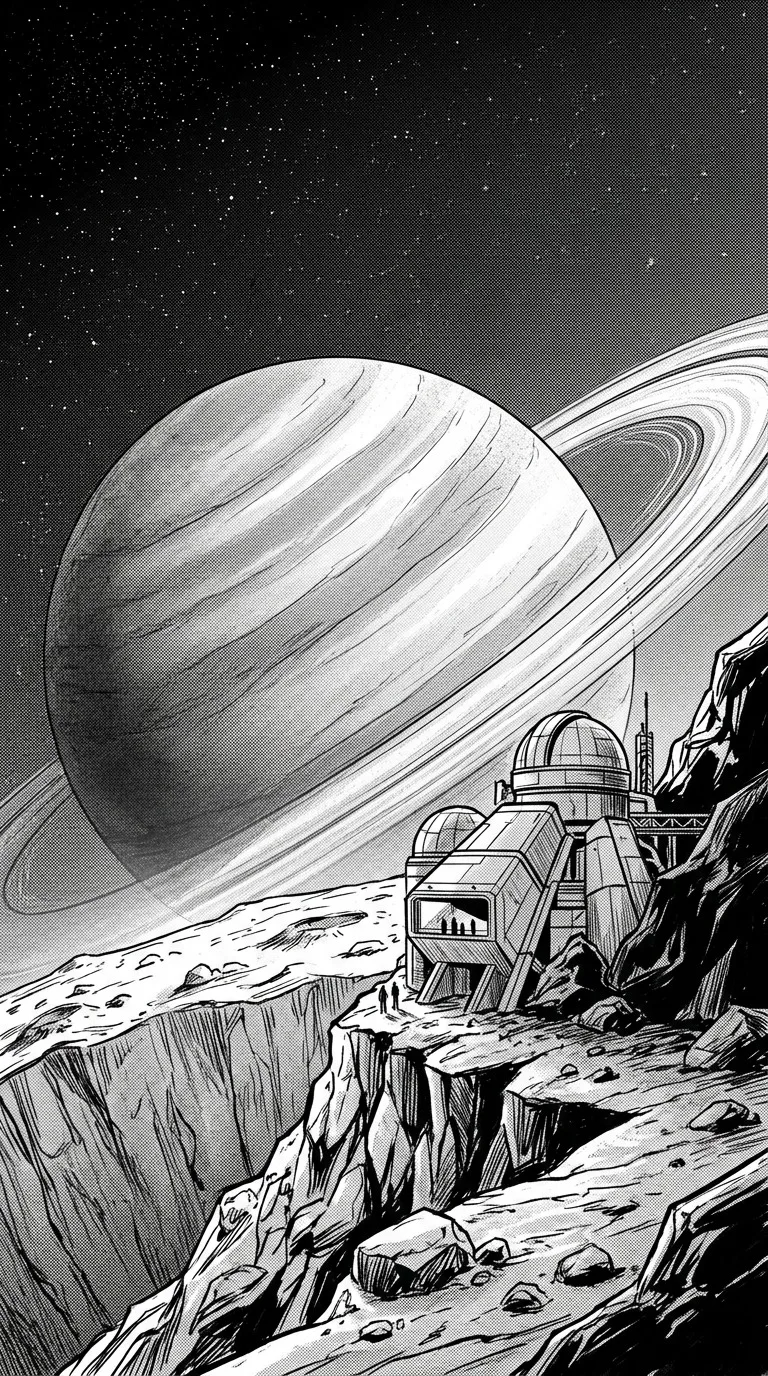 A lone observatory on a rocky moon overlooking a massive ringed planet, thin stars and original futuristic architecture