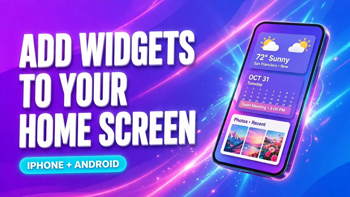 Cover: 3D headline ADD WIDGETS TO YOUR HOME SCREEN with an IPHONE + ANDROID badge and an angled phone showing weather, calendar, and photos widgets