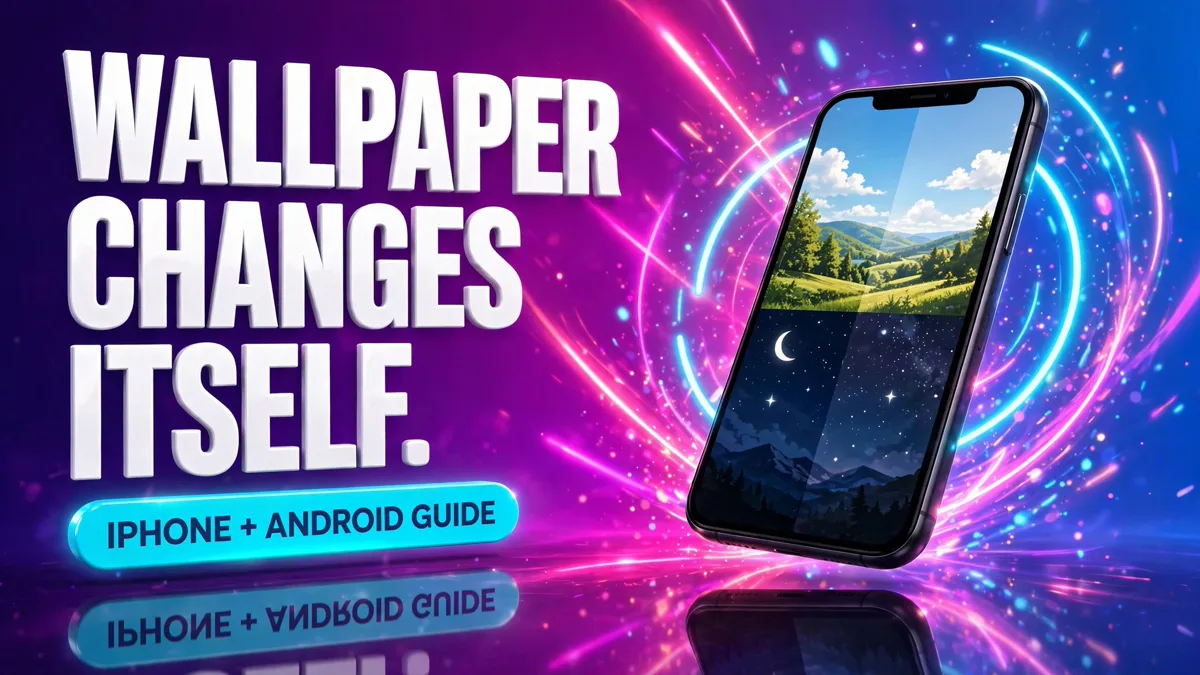 Cover: 3D headline WALLPAPER CHANGES ITSELF next to a phone showing day and night wallpapers with glowing neon light rings