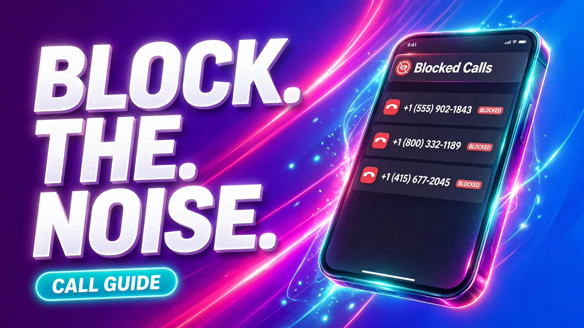 Cover: 3D headline BLOCK THE NOISE with a CALL GUIDE badge and an angled phone showing a blocked-calls screen, neon electric style.