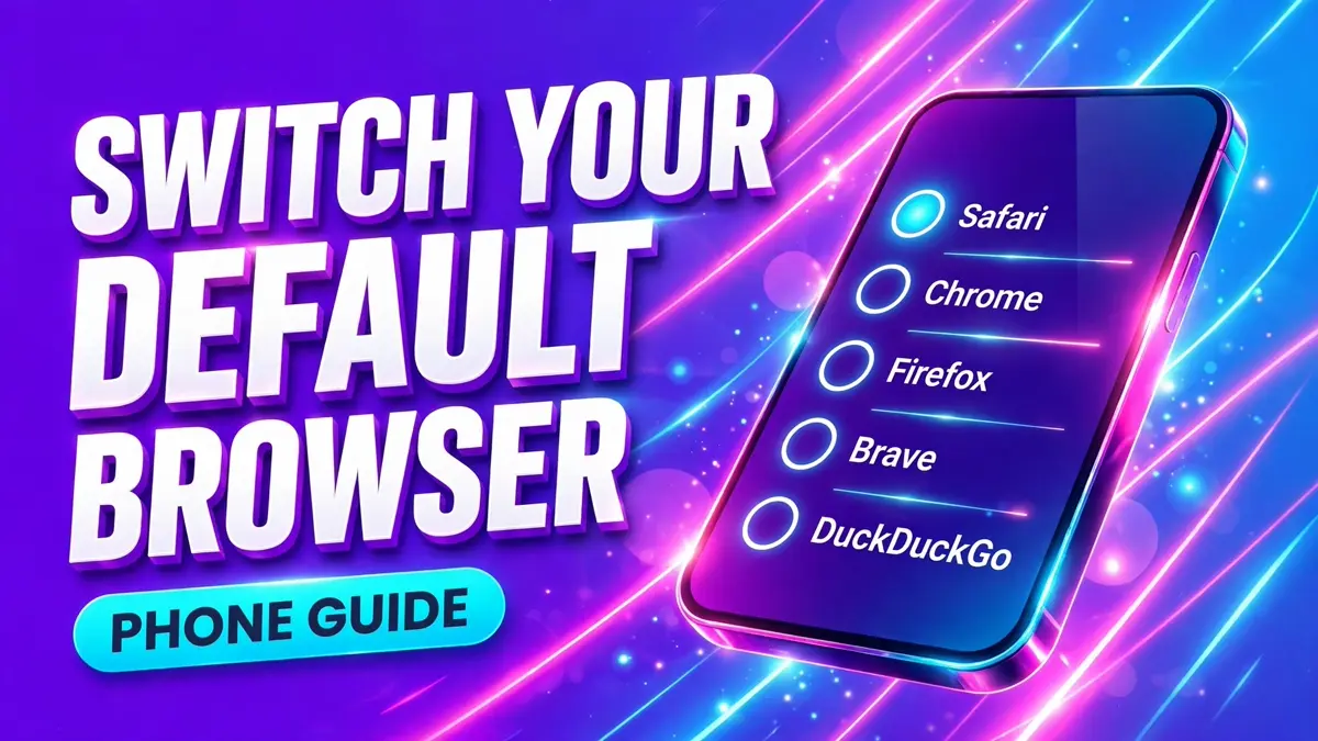 Cover: 3D headline SWITCH YOUR DEFAULT BROWSER with a PHONE GUIDE badge and an angled phone showing a browser-choice list, electric style.