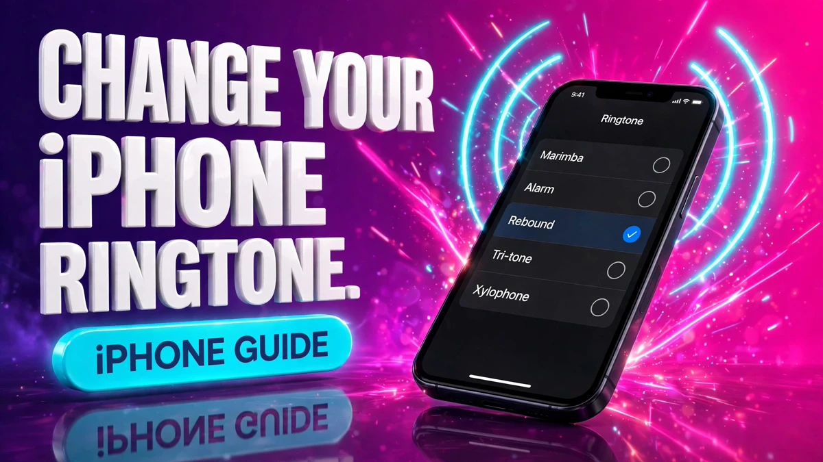 Cover: 3D headline CHANGE YOUR iPHONE RINGTONE. next to an iPhone showing the ringtone selection screen with glowing cyan sound waves
