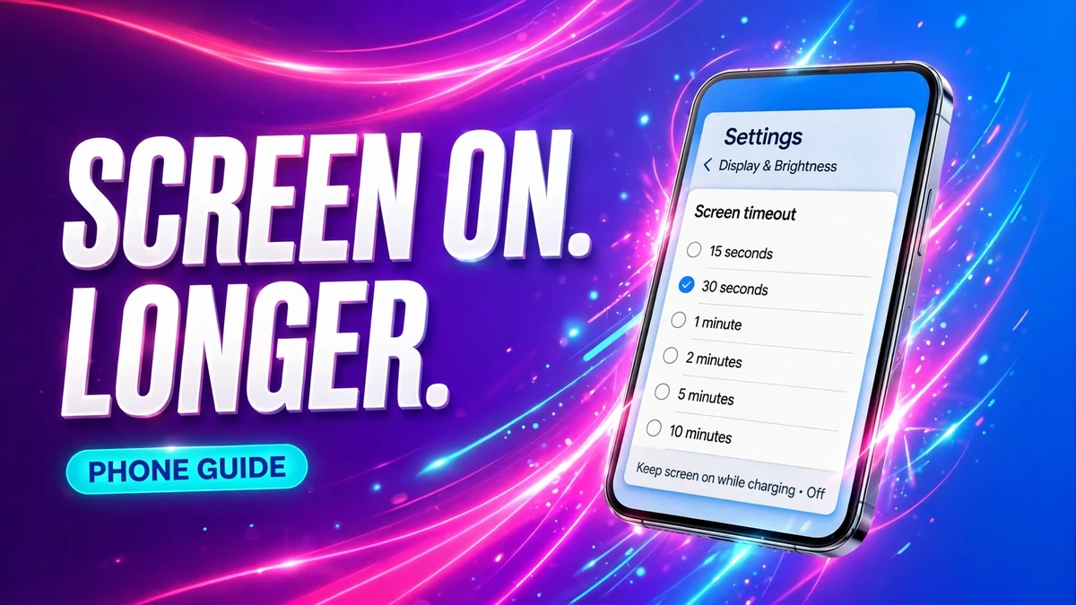 Cover: 3D headline SCREEN ON. LONGER. with a PHONE GUIDE badge and an angled phone showing a Screen timeout menu, electric style.