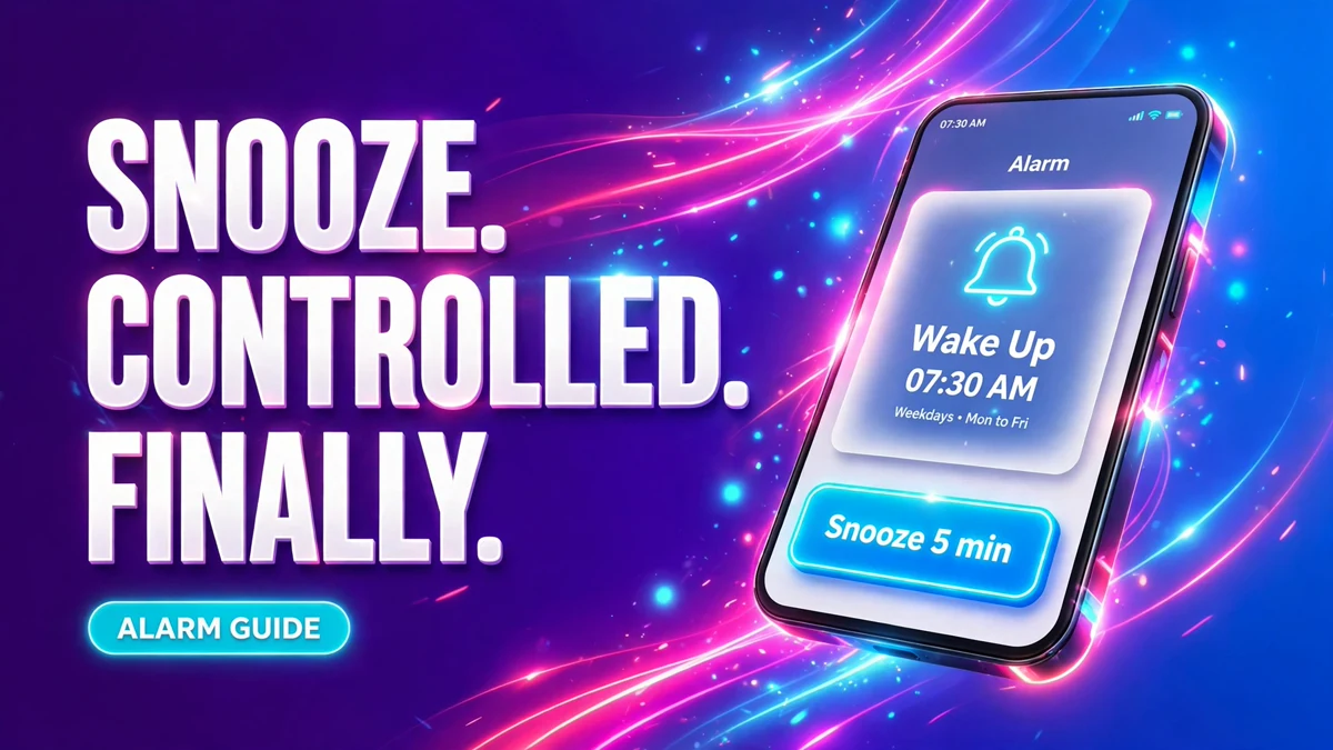 Neon alarm cover: a smartphone showing a snooze button with the headline Snooze. Controlled. Finally.
