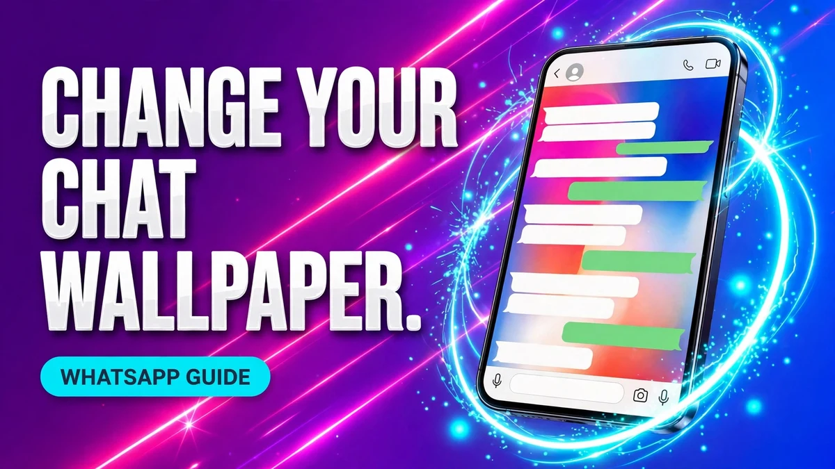 Cover: 3D headline CHANGE YOUR CHAT WALLPAPER. next to a phone showing a WhatsApp chat with a colorful gradient wallpaper behind message bubbles