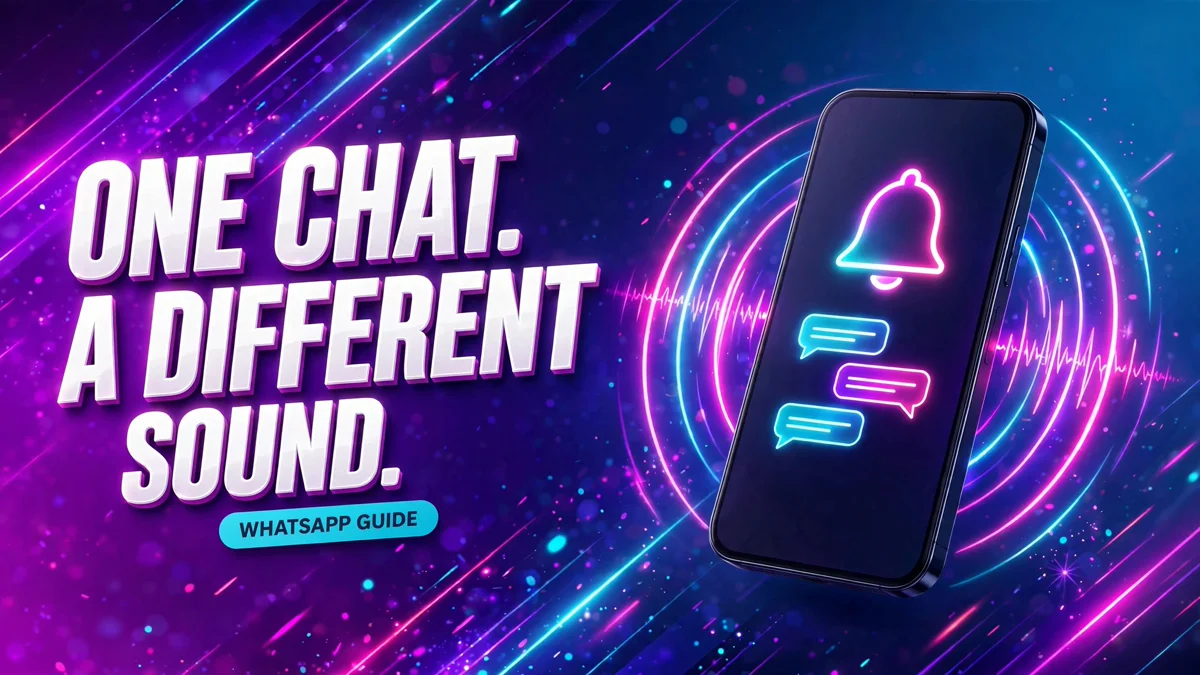 Smartphone with a glowing neon notification bell and chat bubbles for a WhatsApp notification sound guide