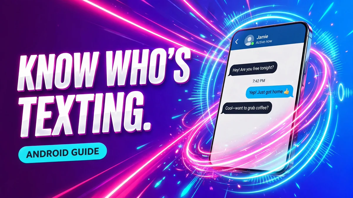 Cover: 3D headline KNOW WHO'S TEXTING. with an ANDROID GUIDE badge next to a phone showing a messaging chat screen wrapped in neon sound waves