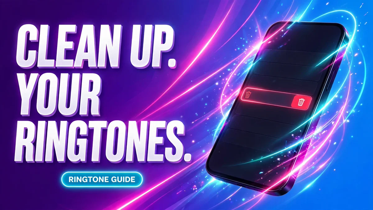 Cover: 3D headline CLEAN UP. YOUR RINGTONES. with a RINGTONE GUIDE badge next to an angled phone showing a ringtone list with a red delete button on a neon purple-blue background