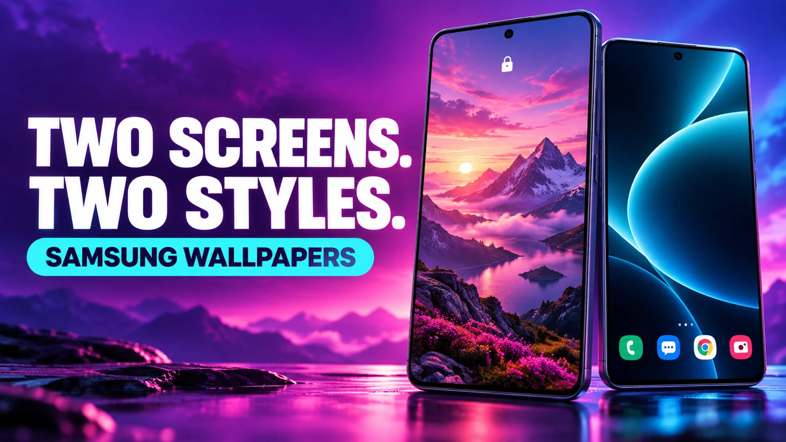 Two illustrated phones with landscape and abstract wallpapers and bold Two Screens, Two Styles text