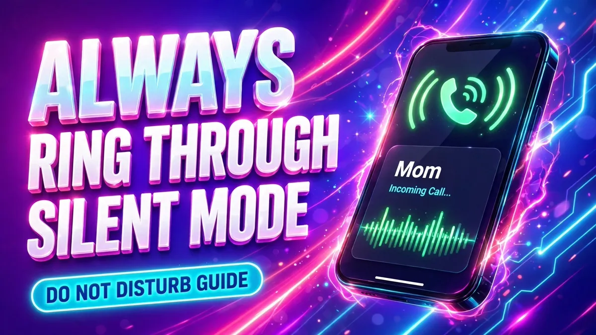 Cover: 3D headline ALWAYS RING THROUGH SILENT MODE with a DO NOT DISTURB GUIDE badge next to an angled phone showing an incoming call with green glowing sound waves