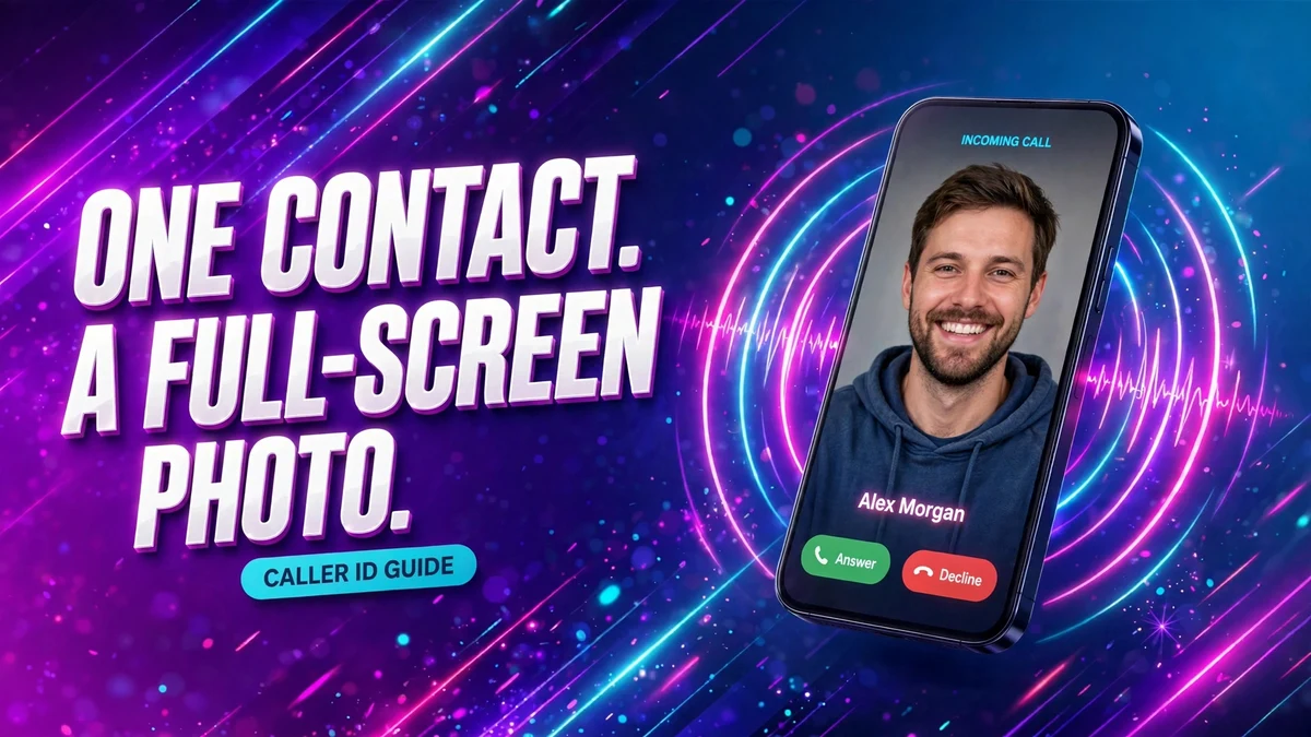 Cover: 3D headline ONE CONTACT. A FULL-SCREEN PHOTO. next to a phone showing an incoming call with a full-screen contact photo