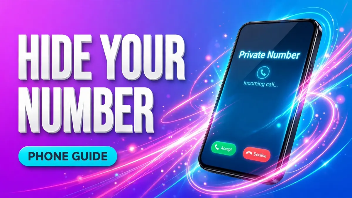 Cover: 3D headline HIDE YOUR NUMBER with a PHONE GUIDE badge and an angled phone showing a Private Number incoming call, electric style.