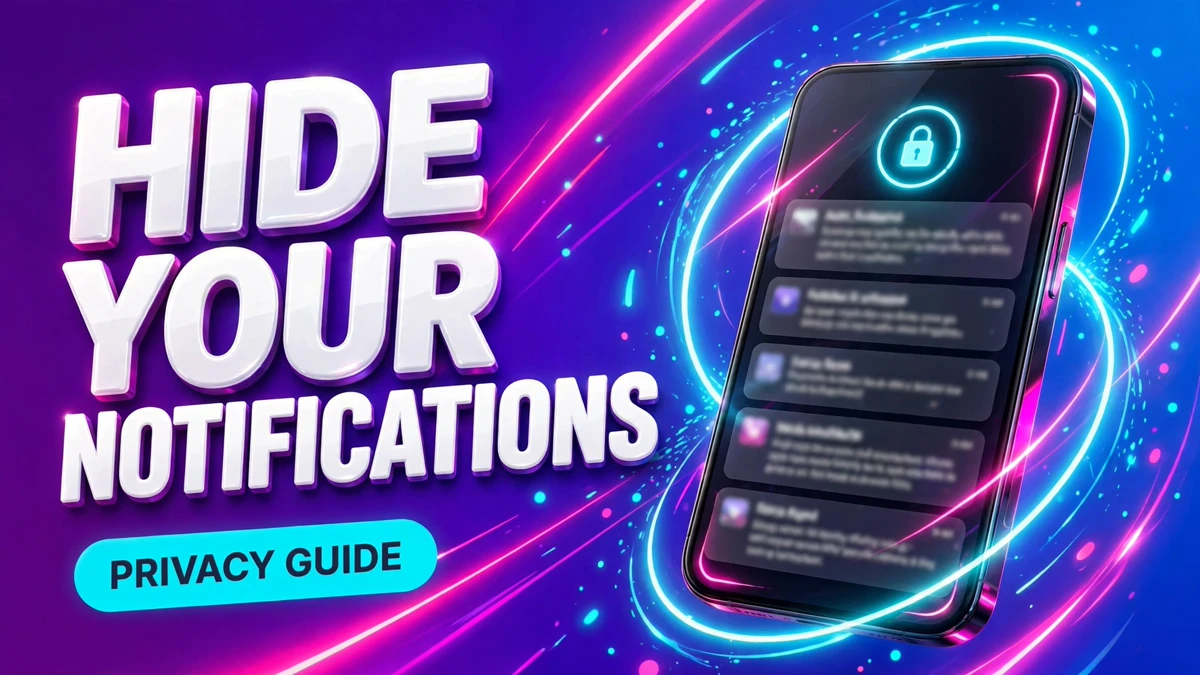 Cover: 3D headline HIDE YOUR NOTIFICATIONS next to a phone showing a lock screen with hidden notification previews and a glowing lock icon