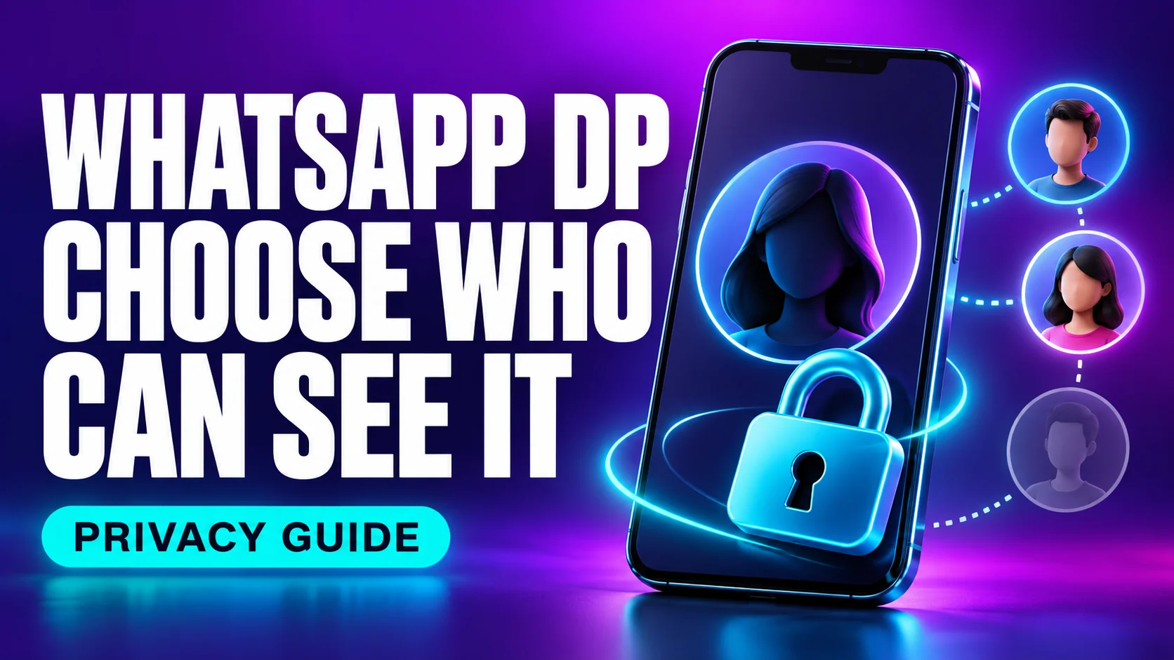 Conceptual WhatsApp DP privacy illustration with a phone, profile avatar, contact circles and lock
