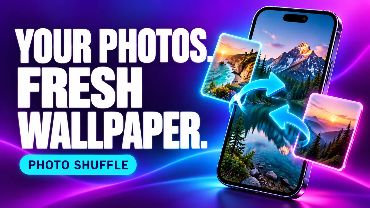 Conceptual iPhone photo collection with a forest lake, landscape photos and shuffle arrows.