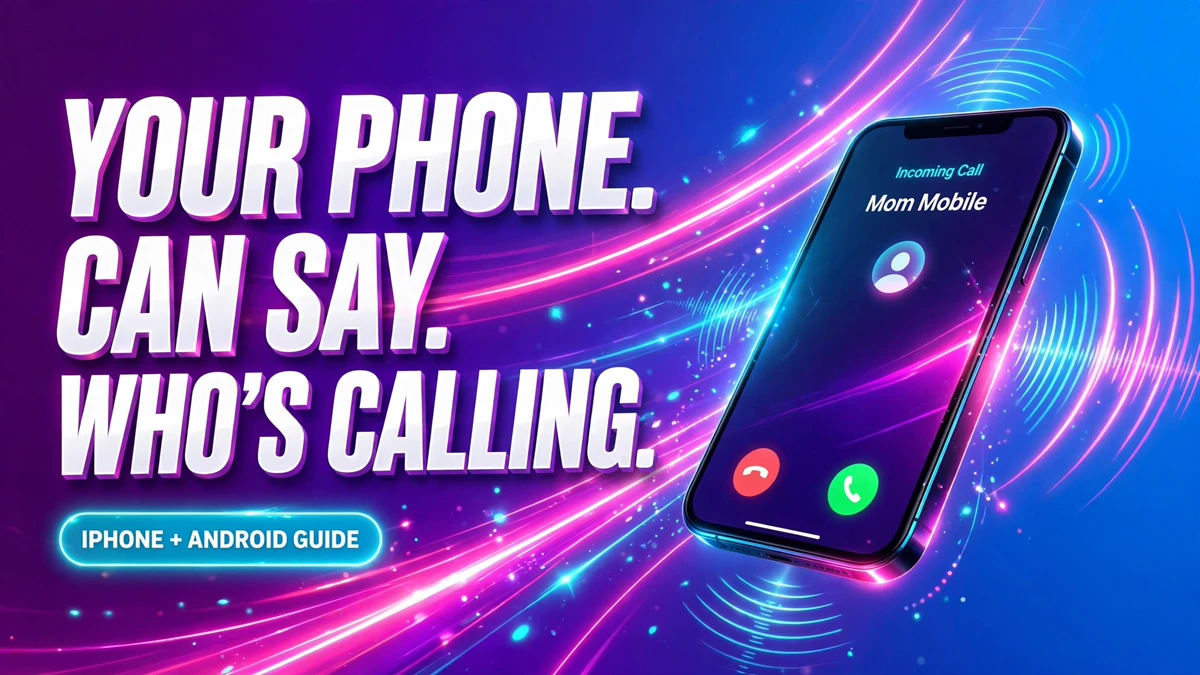 Cover: 3D headline YOUR PHONE. CAN SAY. WHO'S CALLING. with an IPHONE + ANDROID GUIDE badge next to an angled phone showing an incoming call screen with sound waves