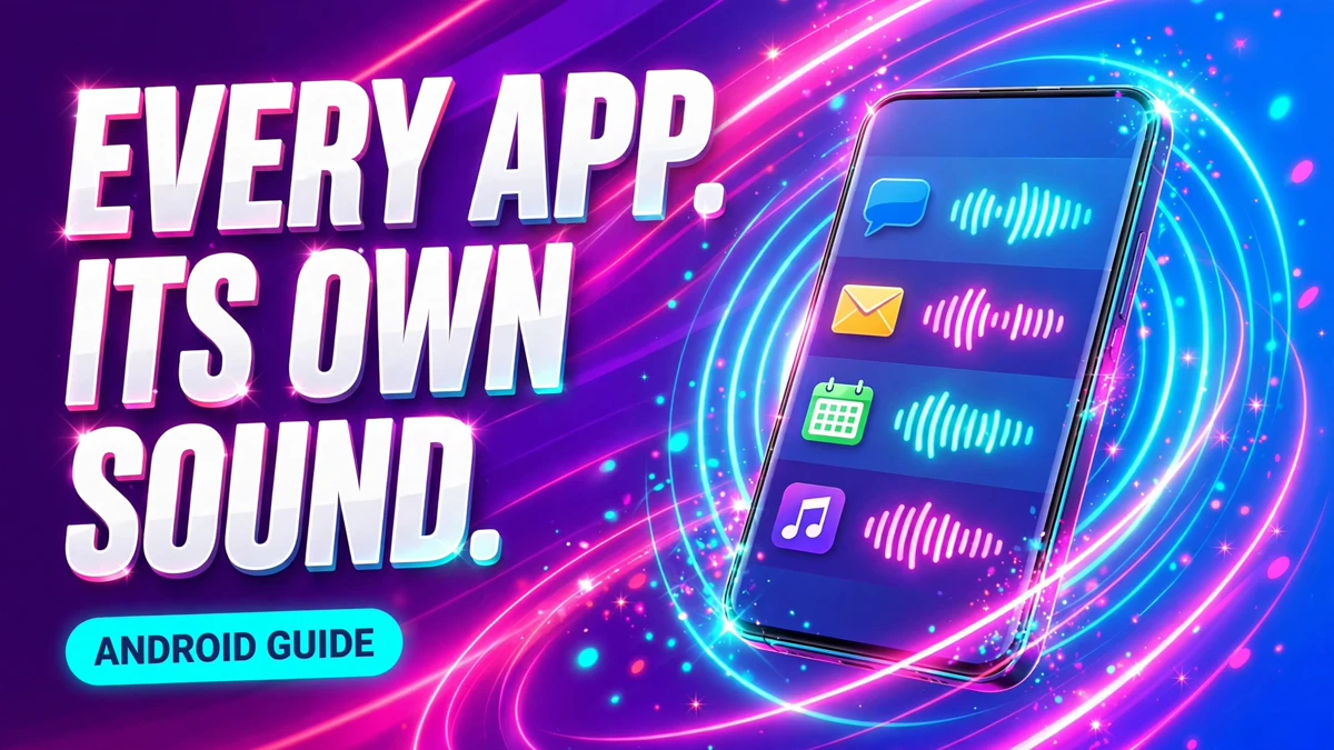 Cover: 3D headline EVERY APP. ITS OWN SOUND. with an ANDROID GUIDE badge next to a phone showing app notification settings wrapped in neon sound waves