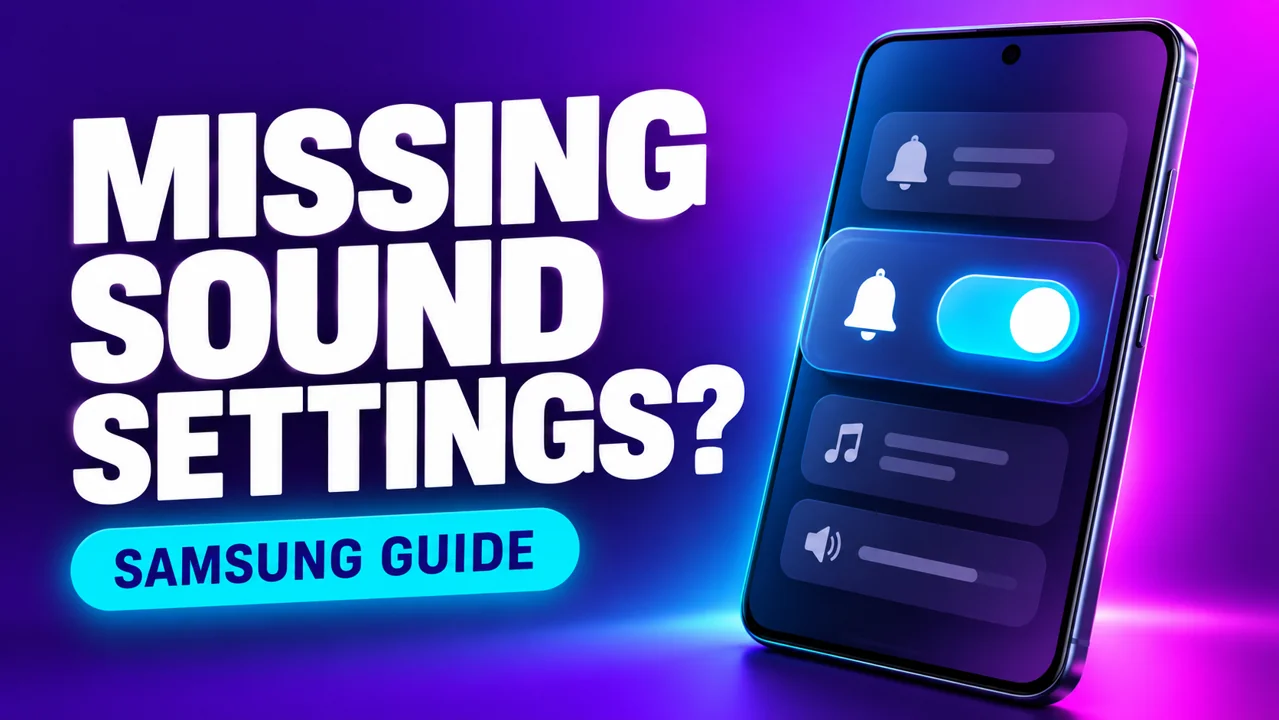 Conceptual phone illustration with a glowing notification switch and Missing Sound Settings headline