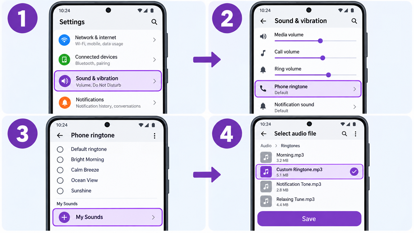 Four steps to set an MP3 ringtone on Android through Sound and vibration, Phone ringtone, My Sounds and the file picker