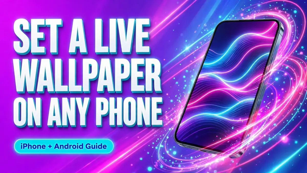 Cover: 3D headline SET A LIVE WALLPAPER ON ANY PHONE with an iPhone + Android Guide badge and an angled phone showing a neon wave wallpaper, electric style.