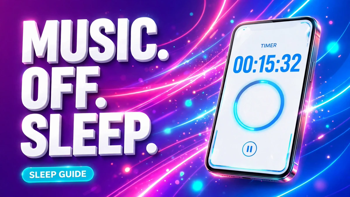 Cover: 3D headline MUSIC. OFF. SLEEP. with a SLEEP GUIDE badge and an angled phone showing a timer countdown screen, neon electric style.