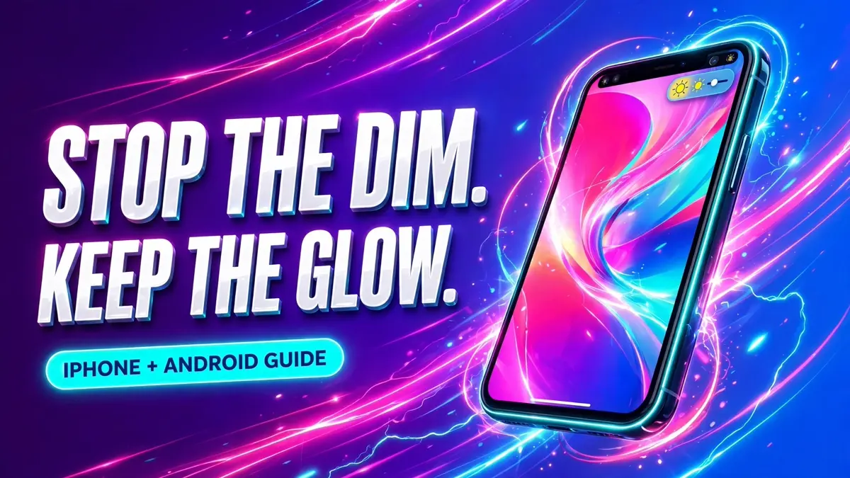 Cover: 3D headline STOP THE DIM. KEEP THE GLOW. with an IPHONE + ANDROID GUIDE badge next to an angled phone showing a bright wallpaper and brightness UI