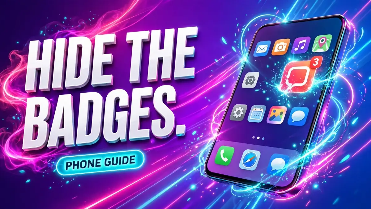Cover: 3D headline HIDE THE BADGES. with a PHONE GUIDE badge and an angled phone showing app icons with a red badge number, electric style.