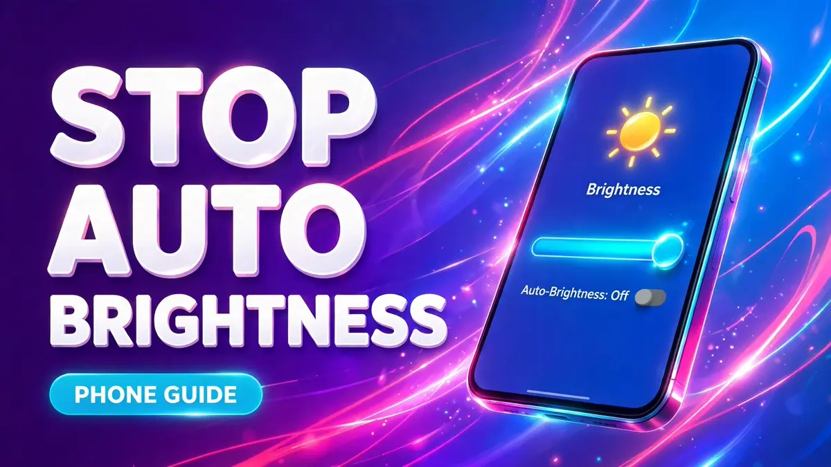 Cover: 3D headline STOP AUTO BRIGHTNESS with a PHONE GUIDE badge and an angled phone showing a brightness slider and Auto-Brightness Off, electric style.