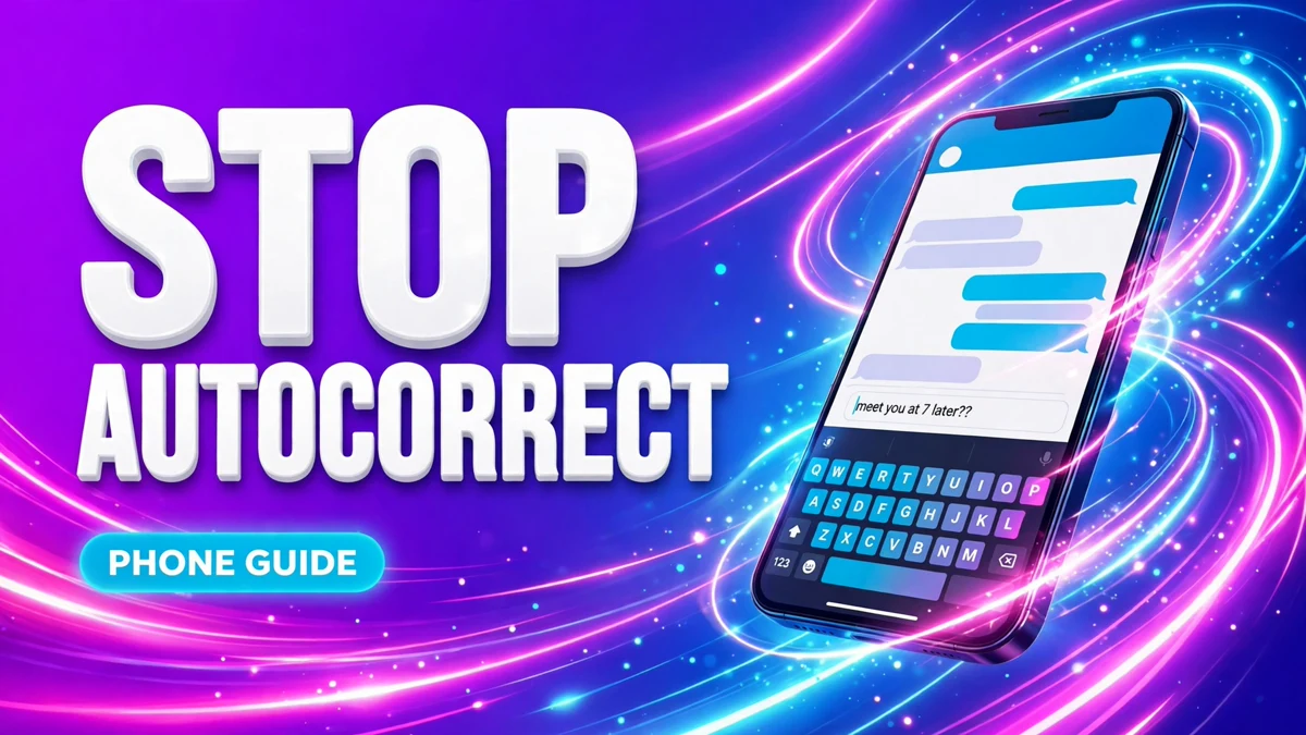 Cover: 3D headline STOP AUTOCORRECT with a PHONE GUIDE badge and an angled phone showing a keyboard, electric style.