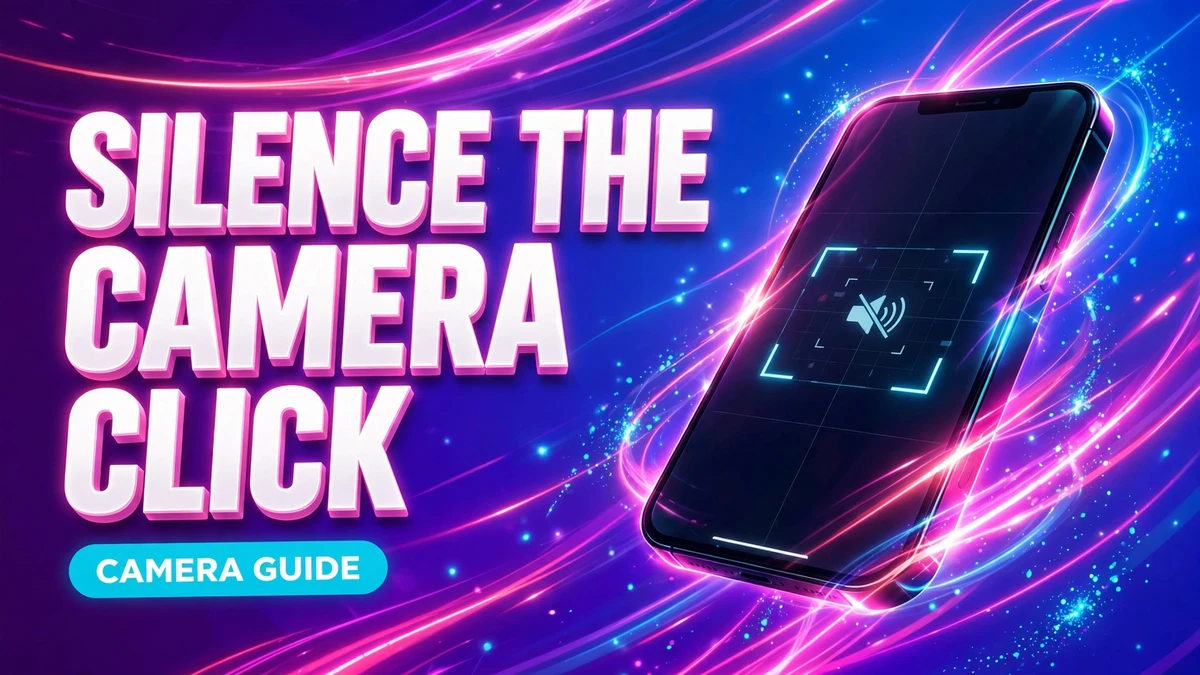 Cover: 3D headline SILENCE THE CAMERA CLICK with a CAMERA GUIDE badge next to an angled phone showing a muted shutter icon on a neon background