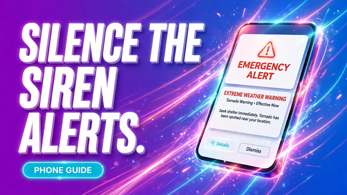 Cover: 3D headline SILENCE THE SIREN ALERTS. with a PHONE GUIDE badge and an angled phone showing an emergency alert warning, electric style.