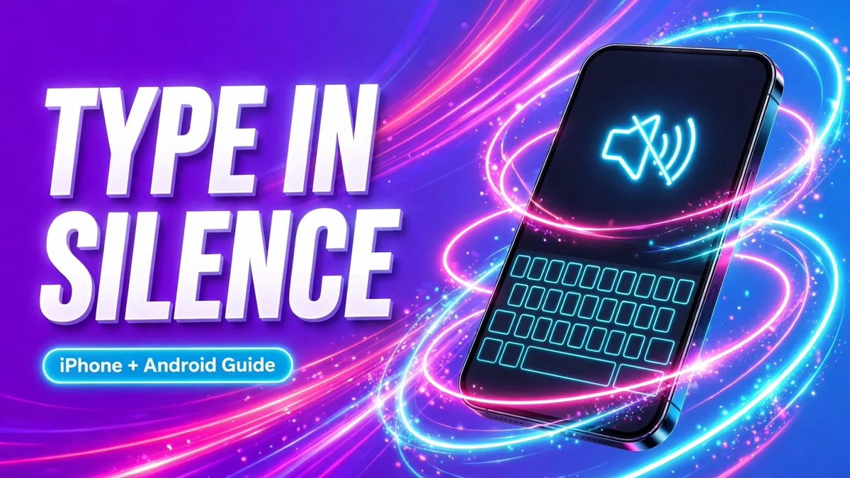 Neon cover: smartphone with a muted keyboard and the headline 'Type in Silence'.