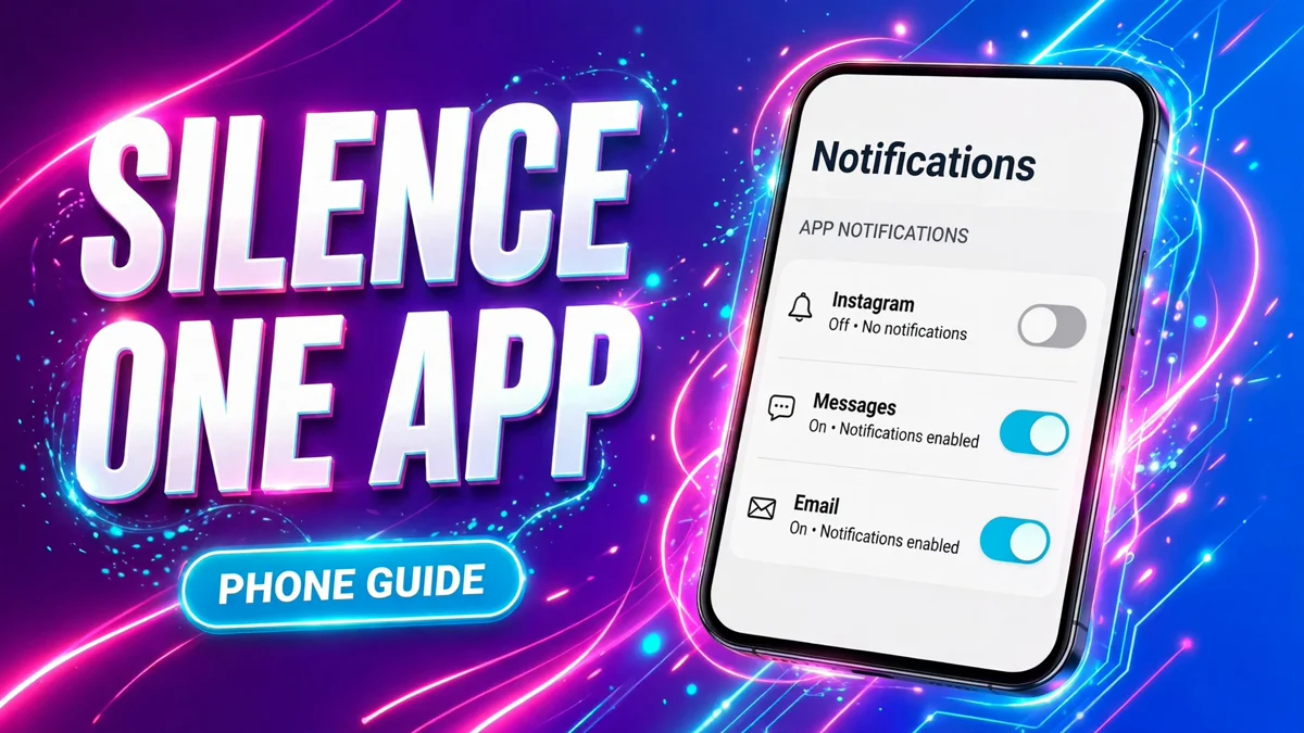 Cover: 3D headline SILENCE ONE APP with a PHONE GUIDE badge and an angled phone showing Instagram notifications Off, electric style.