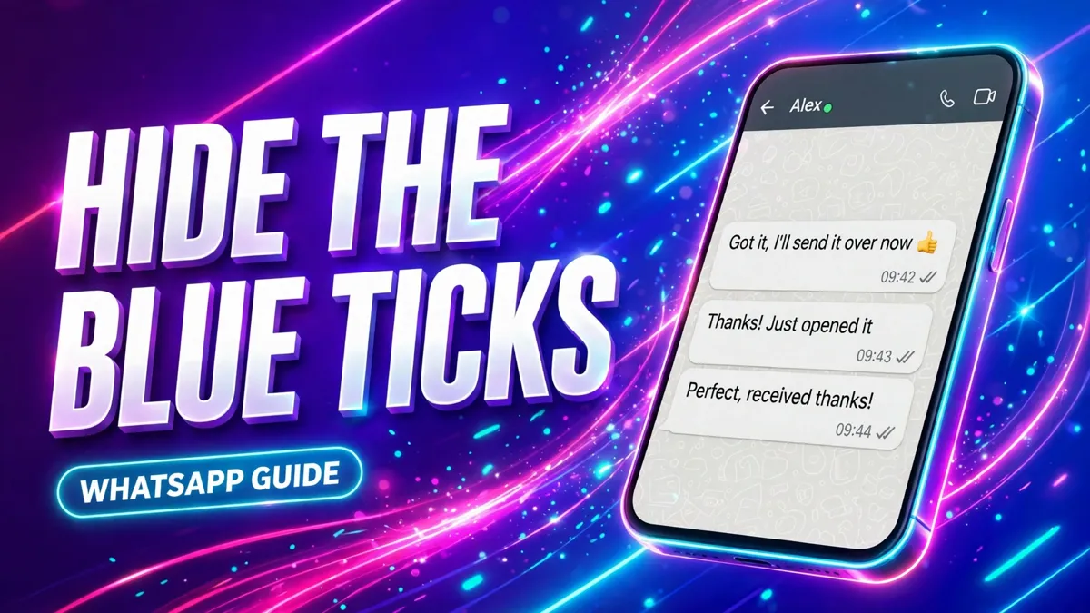 Cover: 3D headline HIDE THE BLUE TICKS with a WHATSAPP GUIDE badge and an angled phone showing a chat with grey ticks, neon electric style.