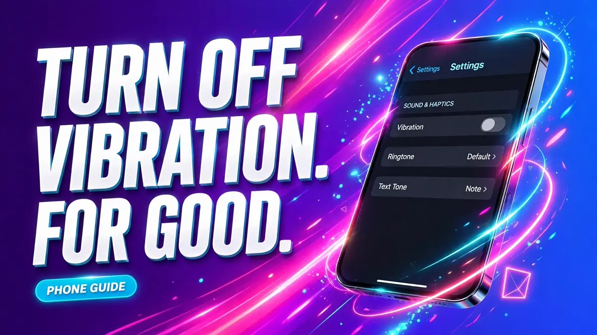 Cover: 3D headline TURN OFF VIBRATION. FOR GOOD. with a PHONE GUIDE badge and an angled phone showing a vibration toggle switched off, electric style.